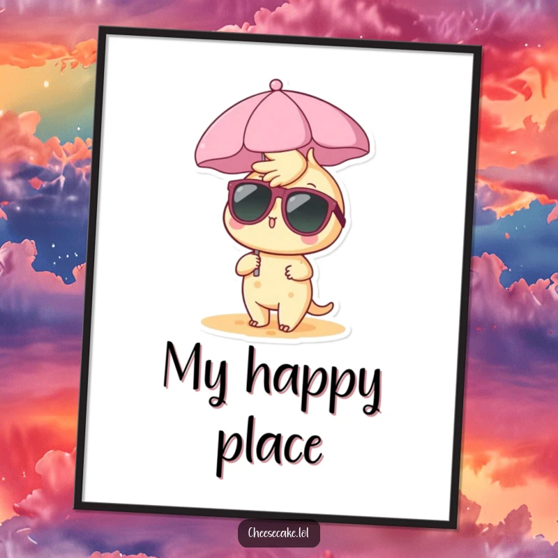 Funny cheesecake poster showcasing a cheesecake character in sunglasses under a mini beach umbrella, embodying a chill beach vacation.