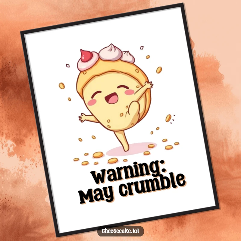 Funny cheesecake poster depicting a dessert character attempting a cartwheel with scattered crumbs, a comical and lighthearted piece of art.