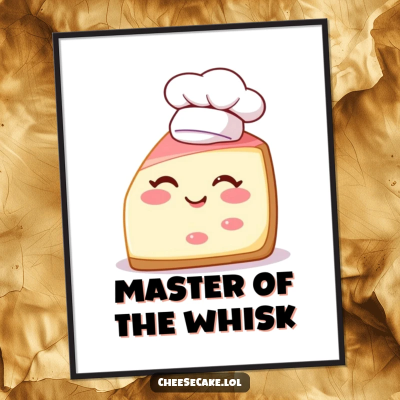 Funny poster featuring a cheerful cheesecake slice winking, wearing a tiny chef hat, adding culinary humor to decor.
