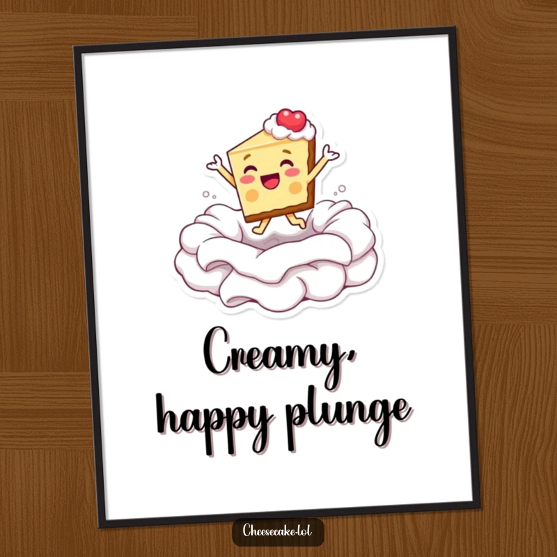 Funny poster art of a cheesecake slice joyfully diving into a frothy pool of whipped cream.