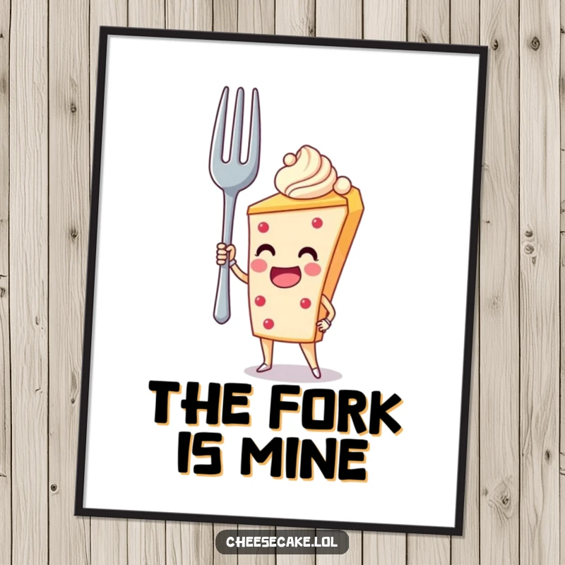 Funny Poster: A cheesecake character bravely holds up a giant fork, making a humorous, epic statement.