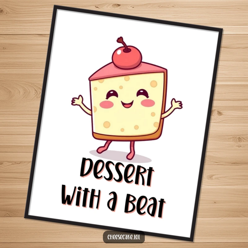 Funny Poster depicting a smiling cheesecake slice with a cherry doing a lively jig, perfect for adding dessert-themed fun.