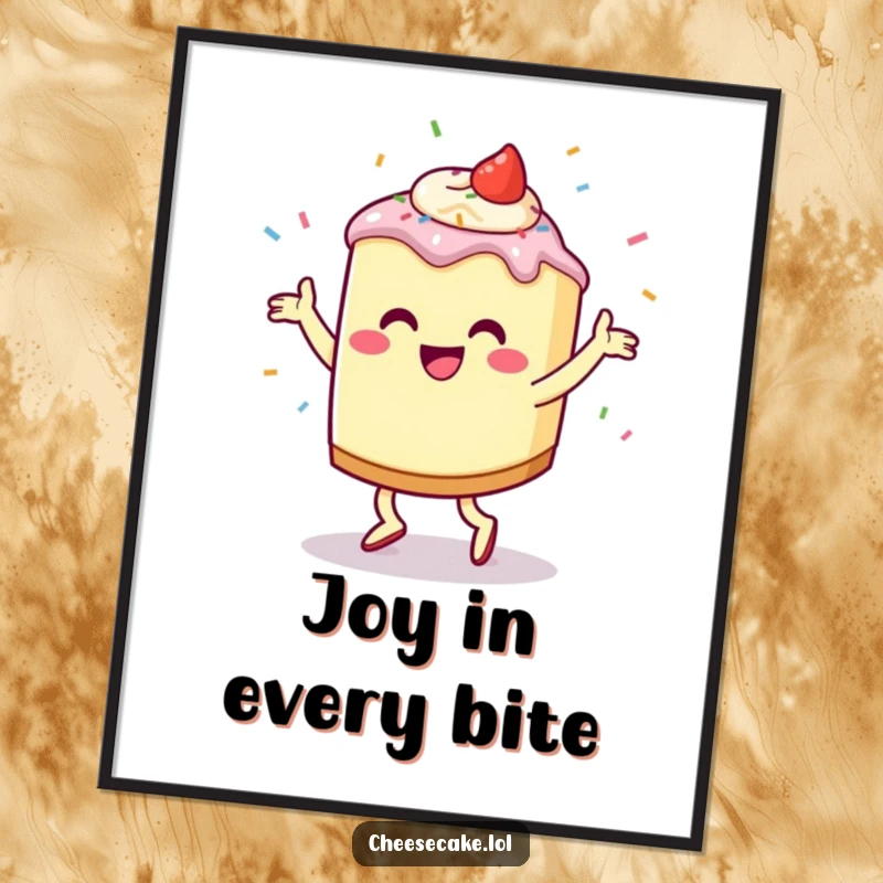 Funny Cheesecake Jig Poster showcasing a cheerful cheesecake character doing a jig with colorful sprinkles flying, bringing festive energy to decor.