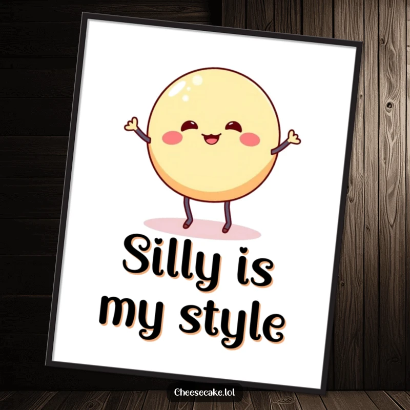 Funny poster art of a wobbly cheesecake round with stick legs doing a silly dance jig, embodying pure dessert merriment.