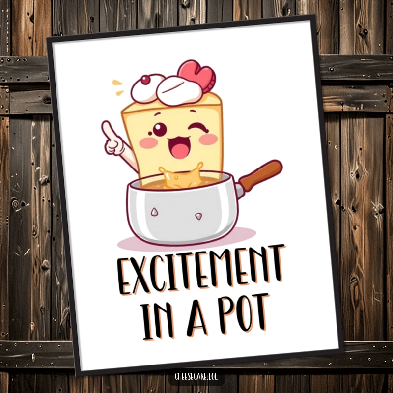 Funny Poster: A cheesecake excitedly points at a bubbling pot, depicting the anticipation of delicious food.