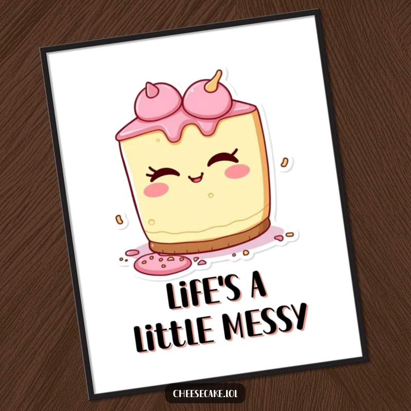 Funny poster depicting a cheesecake character with a sly wink, scattering a few colorful sprinkles with a playful, mischievous gesture.