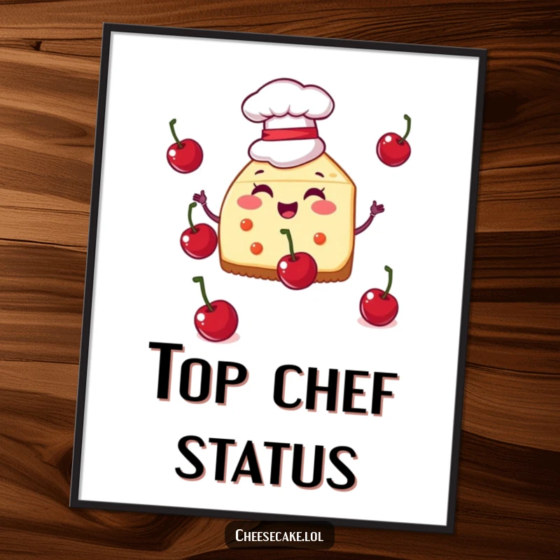 Funny poster print of a cheesecake slice in a chef hat, juggling cherries with impressive skill, adding culinary humor to decor.