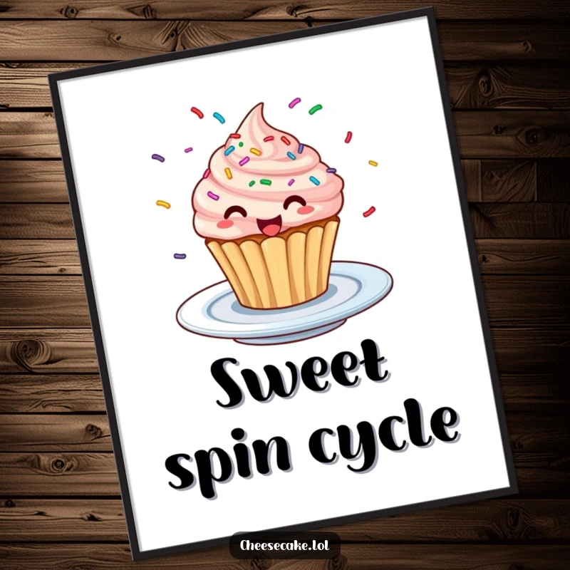 Funny Excited Cupcake Poster: Artwork of a cupcake with colorful sprinkles spinning excitedly, celebrating sweet treats.