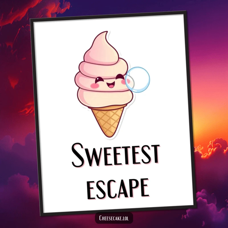 Funny poster art of a smiling ice cream swirl in a cone blowing a bubble, celebrating summer and sweet, playful fun.
