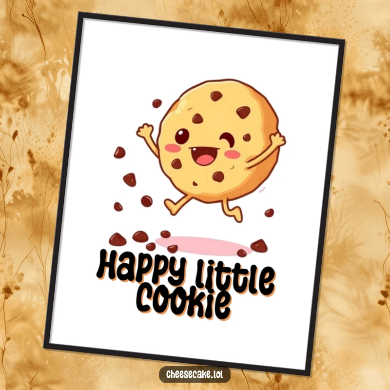 Funny poster art of a happy cookie jumping with chocolate chips scattering, celebrating deliciousness and cheerful energy.