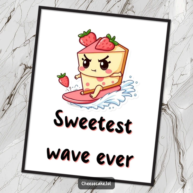 Funny Poster showcasing a determined cheesecake character surfing a thrilling wave made entirely of strawberries. Pure dessert action!