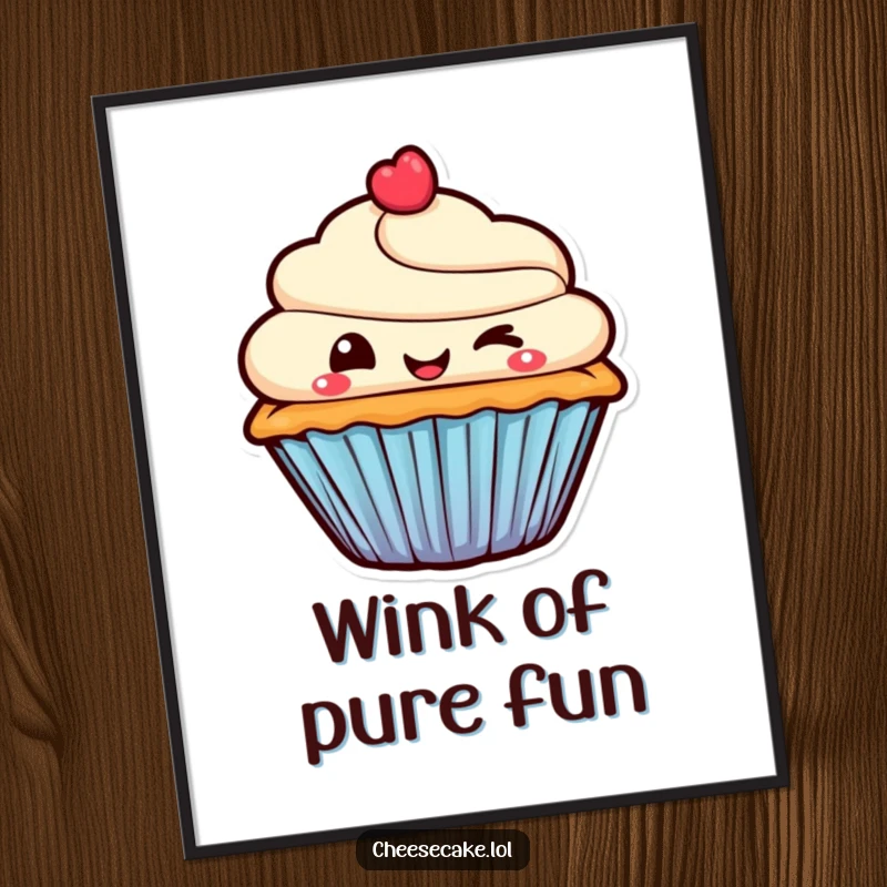 Funny Poster showcasing a smiling cupcake character giving a mischievous wink, adding a playful and charming touch to decor.