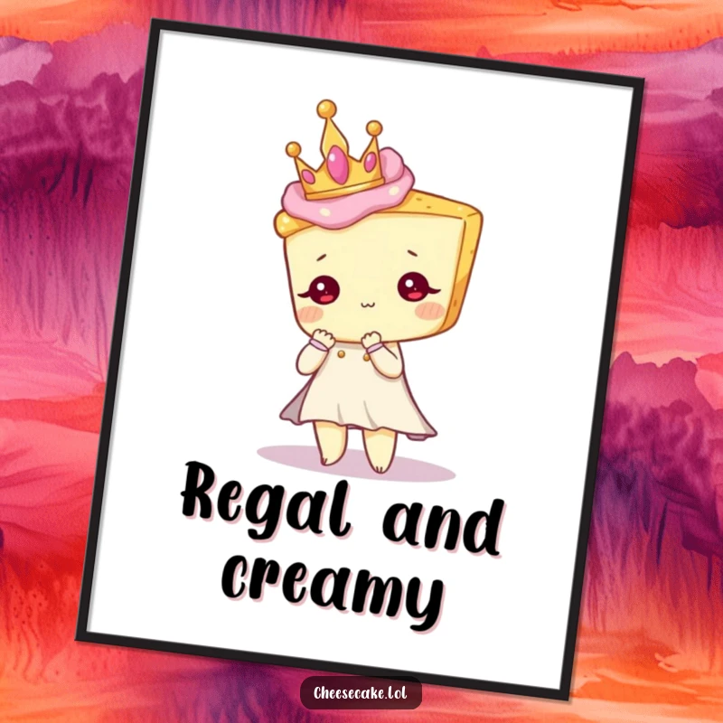 Funny poster art of a cheesecake character wearing a small crown, striking an elegant, sophisticated pose.