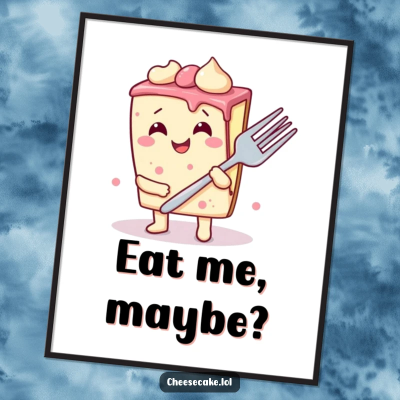 Funny cheesecake slice poster print, illustrating a wobbly dessert joyfully giggling while wielding an enormous fork, creating a humorous visual.