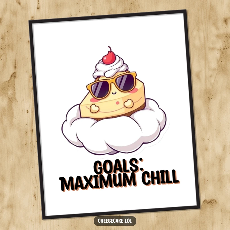 Funny poster print of a cheesecake in sunglasses relaxing on a whipped cream cloud, adding a humorous and sweet touch to decor.