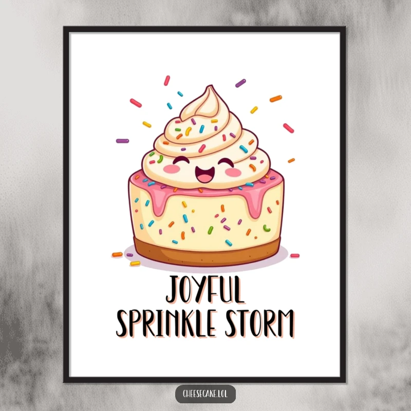 Funny Poster: A cheerful cheesecake is depicted mid-juggle with colorful sprinkles, a lively and happy artwork.