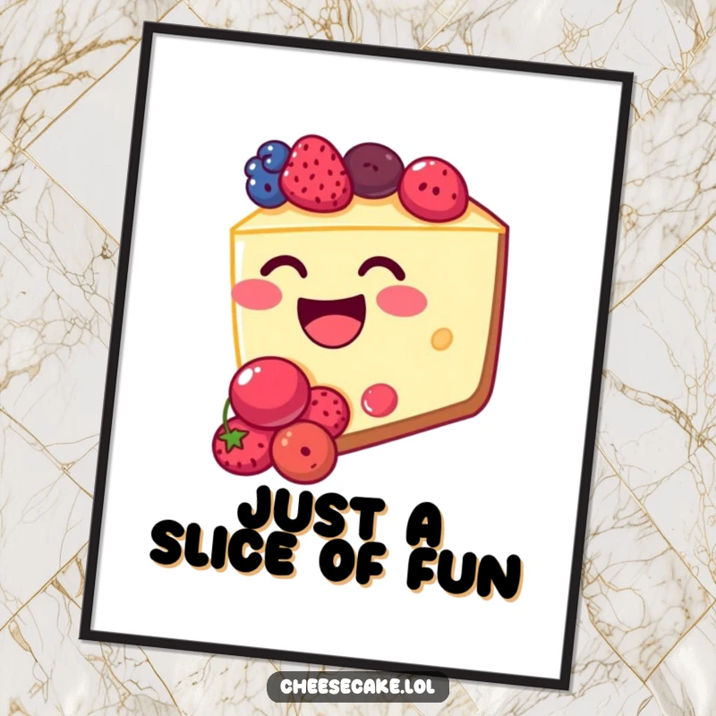 Funny cheesecake poster featuring a joyful cheesecake slice with a mouth full of berries, giggling infectiously. Wall art.