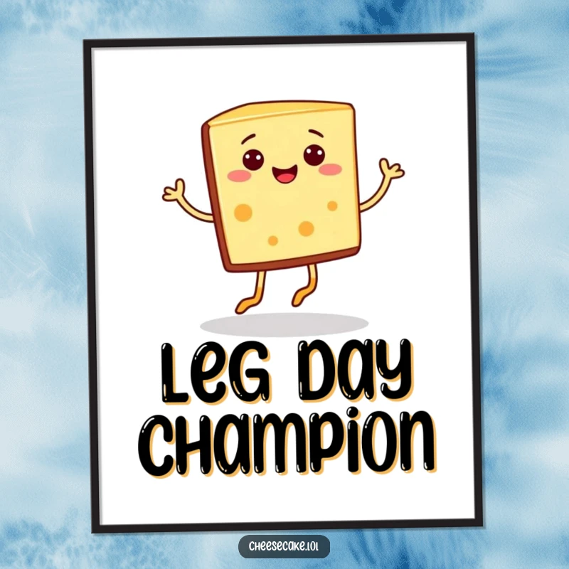 Funny smiling cheesecake slice with tiny legs performing a cheerful jig on a poster, a delightful funny gift.