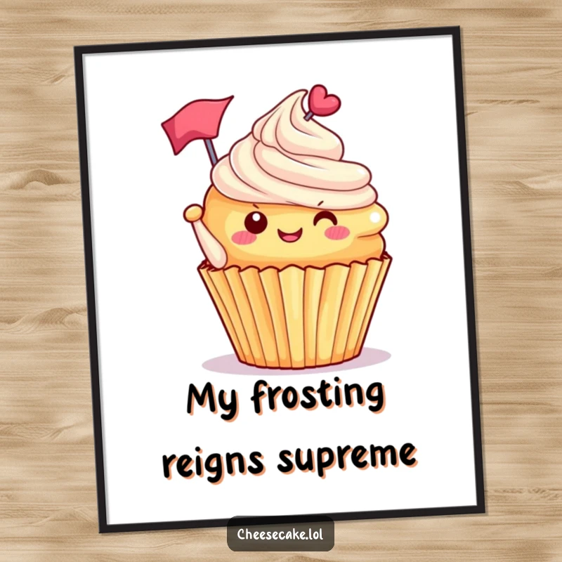 Funny delighted cupcake with frosting tipped, waving a tiny flag, a sweet and joyful wall art poster for dessert fans.