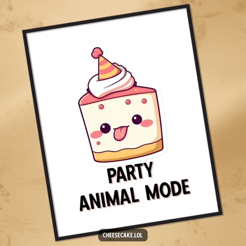Funny poster print of a cheesecake character in a party hat, playfully sticking its tongue out, adding a humorous and cheeky touch to decor.