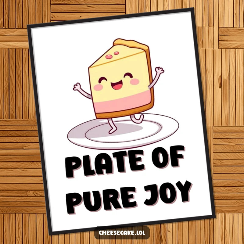 Funny poster showcasing a grinning cheesecake slice with legs dancing happily on a plate, bringing cheerful energy.