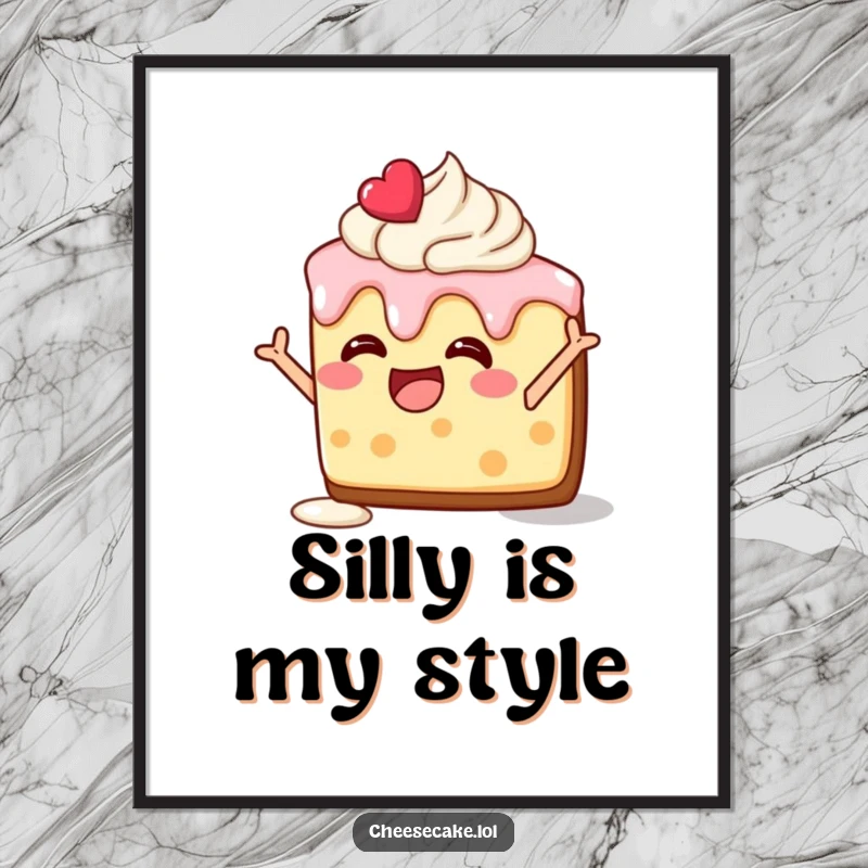 Funny poster of a delighted cheesecake slice, frosting melting, striking a silly and humorous pose, perfect for decor.