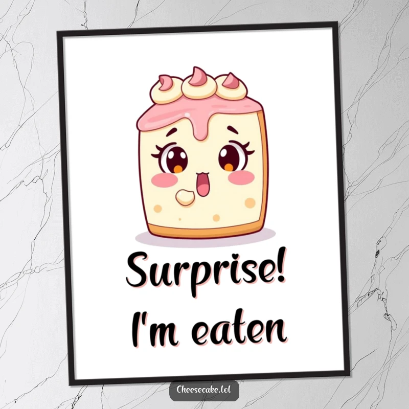 Funny cheesecake poster of a surprised dessert character with a bite mark, wall art for kitchens and cafes.