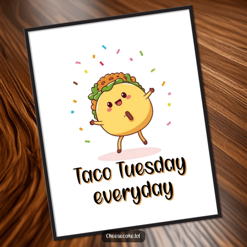 Funny Poster depicting a taco on legs doing a cartwheel with confetti raining down, perfect for adding festive Mexican food fun.