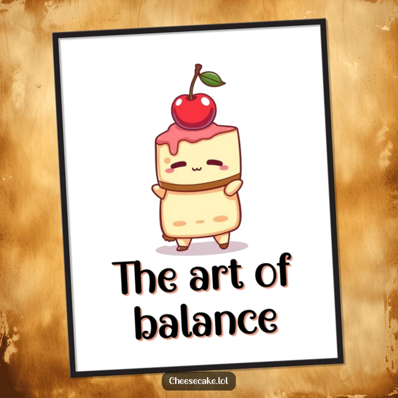 Funny poster depicting a cheesecake character with utmost concentration, balancing a solitary cherry on its crown.