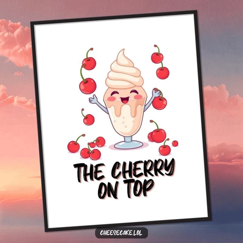Funny Giggling Sundae Poster: A lively poster of a sundae character giggling while tossing cherries in the air.