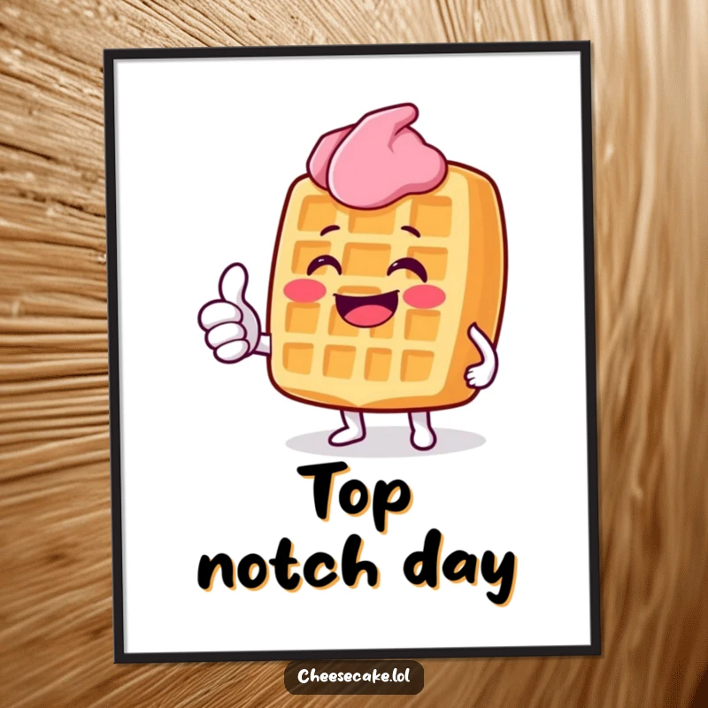 Funny Grinning Waffle Poster: A vibrant print of a waffle character with a big grin and a positive thumbs up gesture.