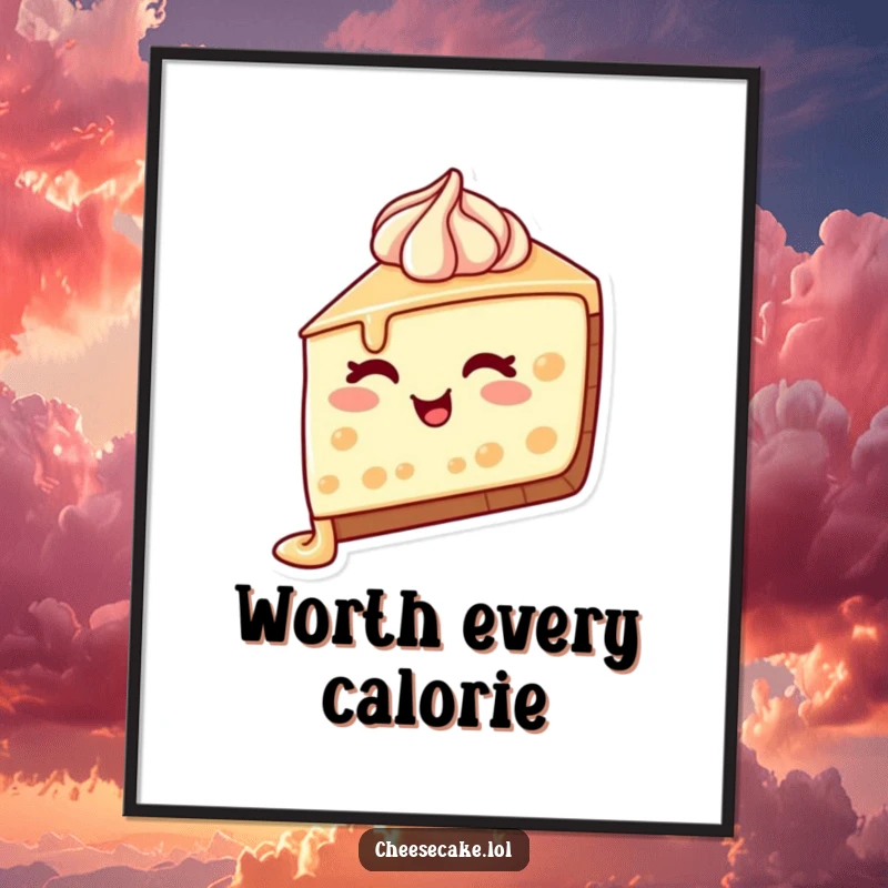 Funny Cheesecake Wink Poster showcasing a delicious cheesecake slice with frosting dripping and a charming wink, bringing sweet humor to decor.