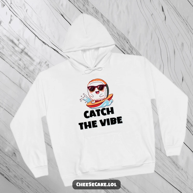 Funny sushi hoodie showing a cheerful sushi character with sunglasses riding an ocean wave, looking stoked.
