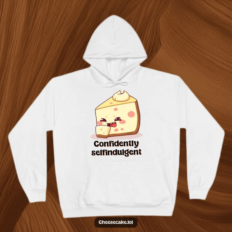 Funny cheesecake slice hoodie design, showing a mischievous dessert attempting to take a bite out of itself, a humorous and cozy addition.