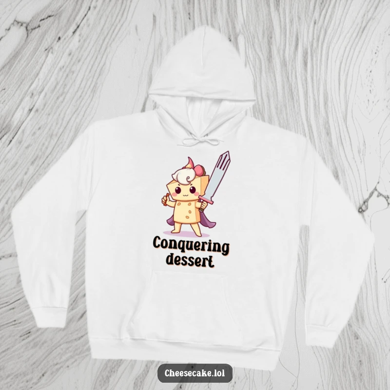 Funny hoodie illustrating a brave cheesecake wielding a giant fork as a sword, offering warmth and a heroic, humorous message.