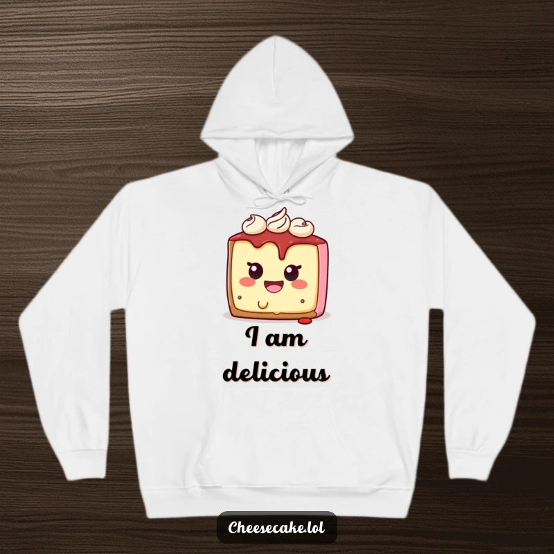 Funny cheesecake hoodie featuring a smiling character biting itself, symbolizing humor and self-acceptance in a cozy design.