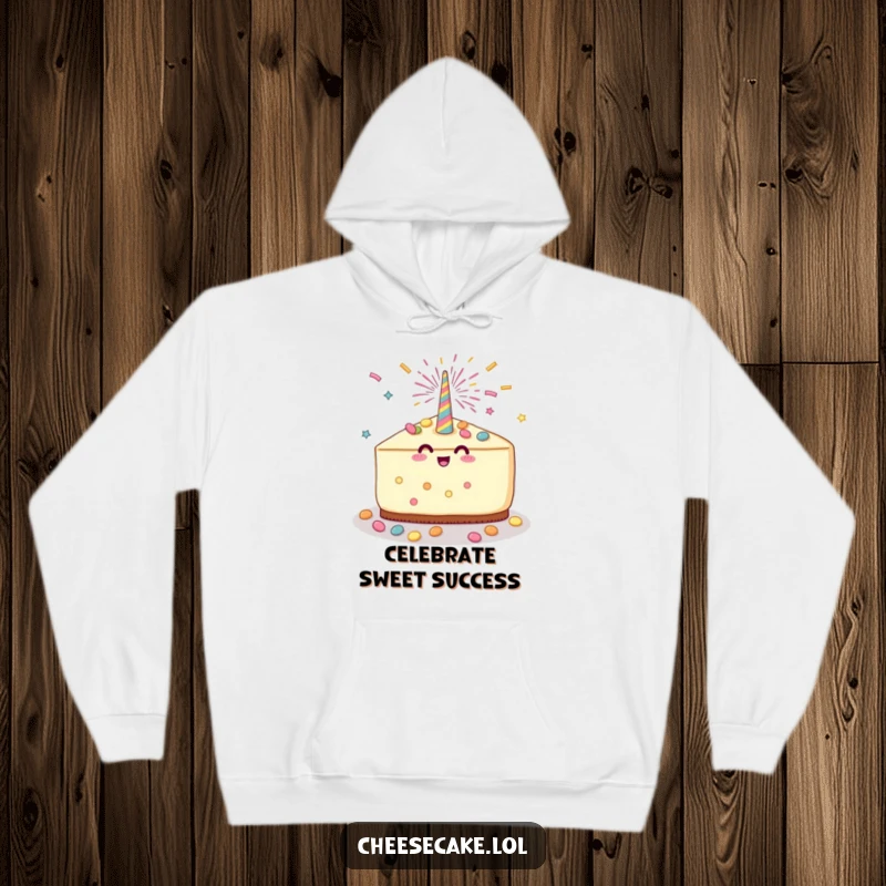 Funny Cheesecake Party Hoodie featuring a cheesecake slice celebrating with a party popper and candy shower, ideal for cozy festive occasions.
