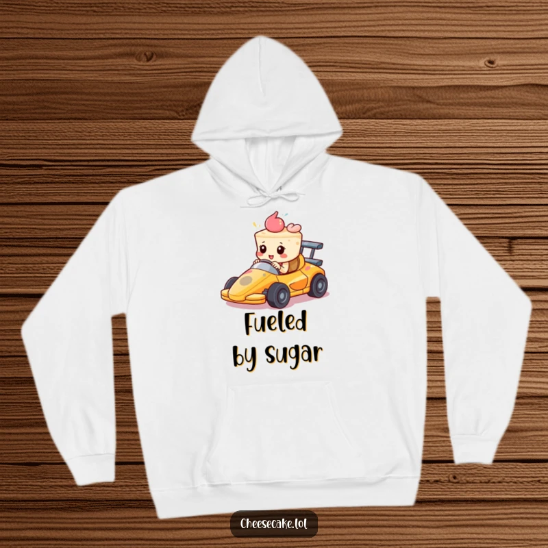 Funny Hoodie: A cheesecake in a tiny race car speeds ahead with intense focus and determination. Cozy and hilariously driven.