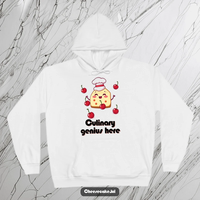 Funny hoodie featuring a cheesecake slice in a chef hat juggling cherries, perfect for cozying up after a delicious meal.