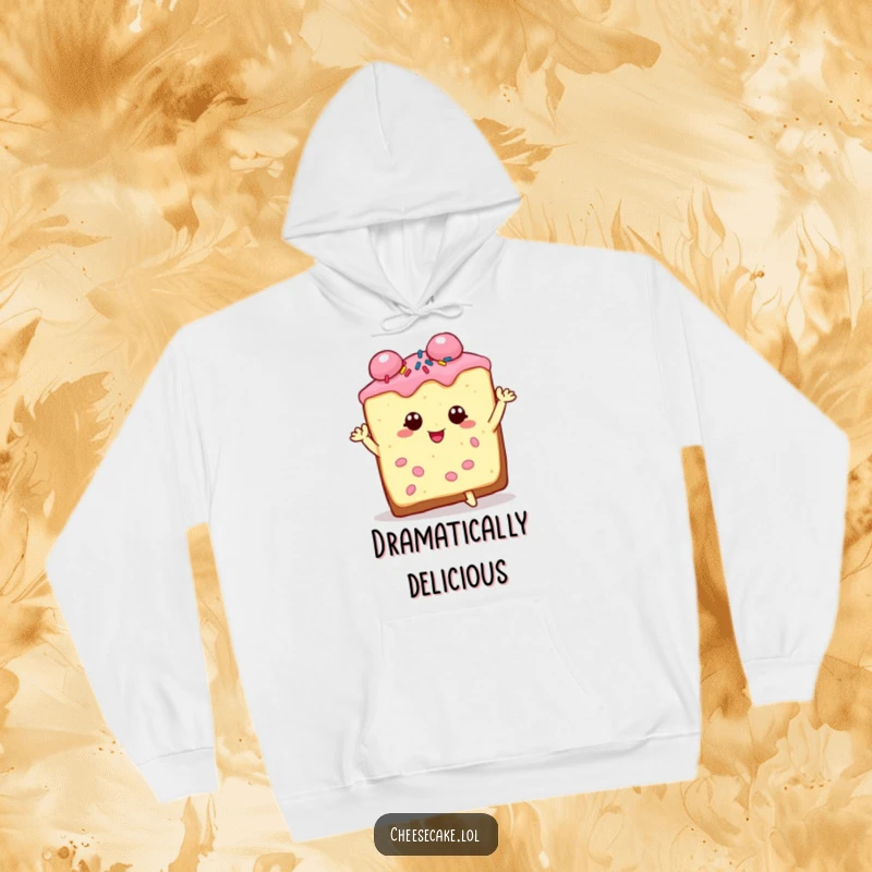 Funny cheesecake slice hoodie design, charming and sprinkled, striking a dramatic pose with theatrical flair and cozy comfort.