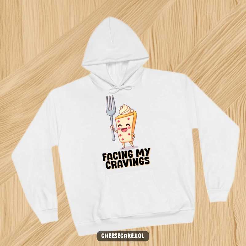 Funny Hoodie: A cheesecake stands as a hero, bravely holding a giant fork, ready for anything.