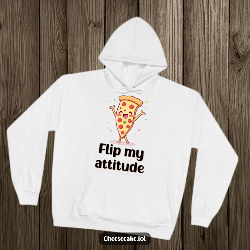 Funny pizza slice doing a handstand with confetti, a cozy and humorous design on a warm hoodie for ultimate comfort.