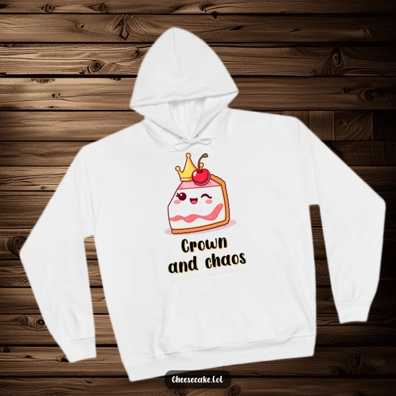 Funny cheesecake slice hoodie design, cute and crowned, winking with a cherry, offering cozy comfort and royal flair.