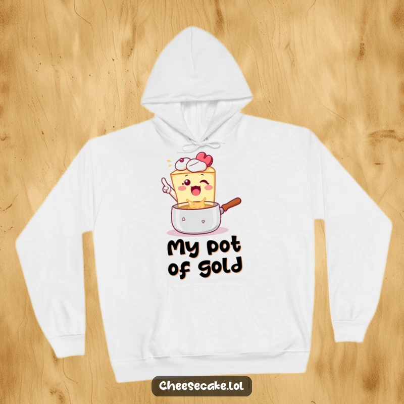 Funny Hoodie: A cheesecake excitedly points at a bubbling pot, embodying the spirit of culinary exploration.