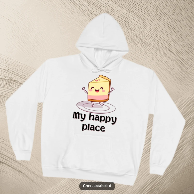 Funny hoodie featuring a grinning cheesecake slice on legs dancing happily on a plate, perfect for cozy fun.