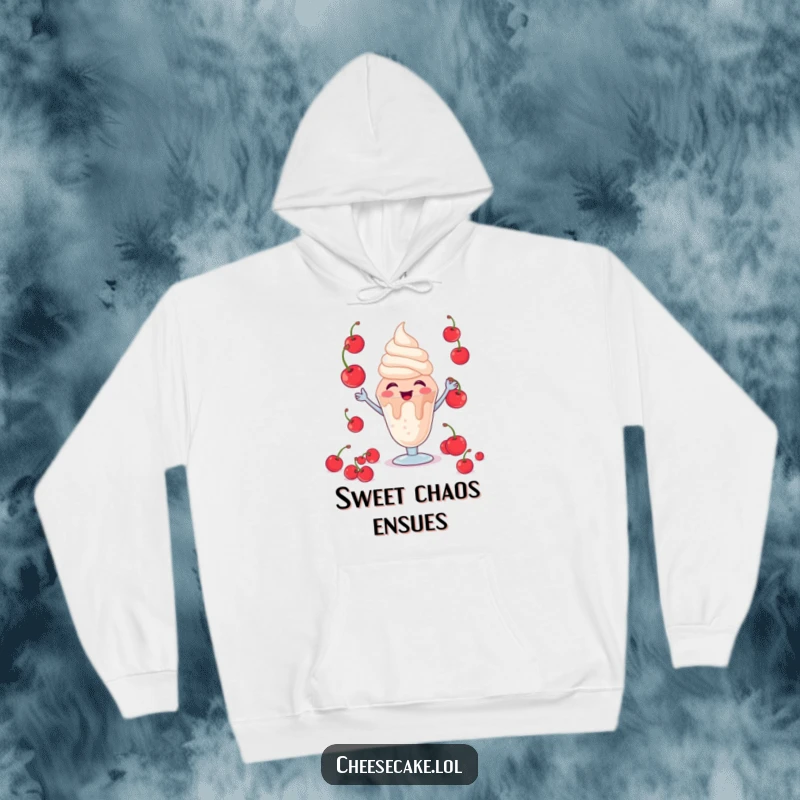 Funny Giggling Sundae Hoodie: A warm hoodie featuring a giggling sundae character expertly juggling cherries, bringing sweet cheer.