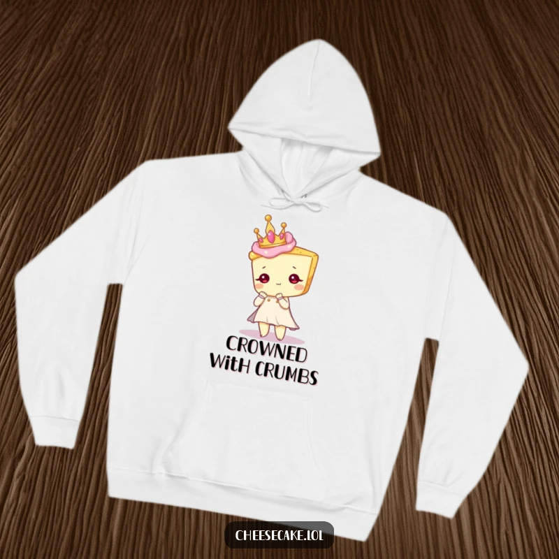 Funny hoodie featuring a cheesecake character in a regal crown, posing with sweet, elegant dignity.
