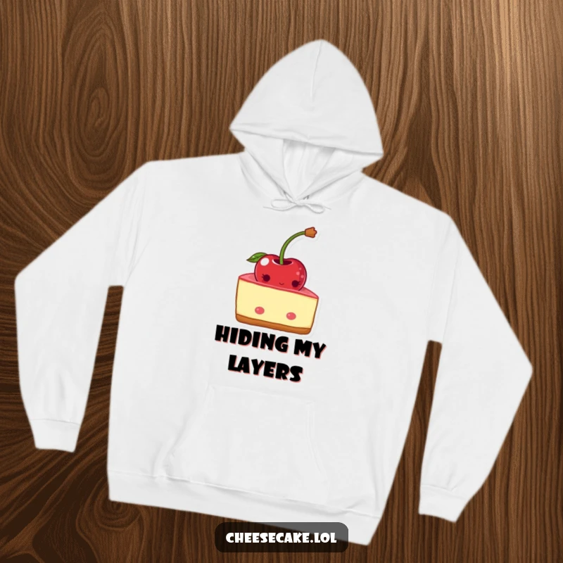 Funny shy cheesecake hoodie featuring a blushing wedge peeking from behind a cherry. Comfortable and cute.
