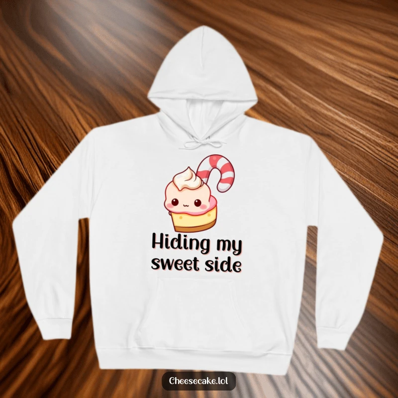 Funny Hoodie: A delightful cheesecake peeking playfully from behind a giant candy cane, perfect for cozy laughs.