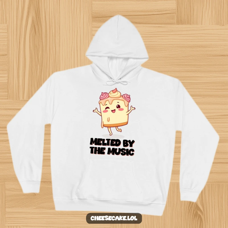 Funny cheesecake dancing hoodie featuring a cheesecake with dripping frosting, busting out a silly dance move.